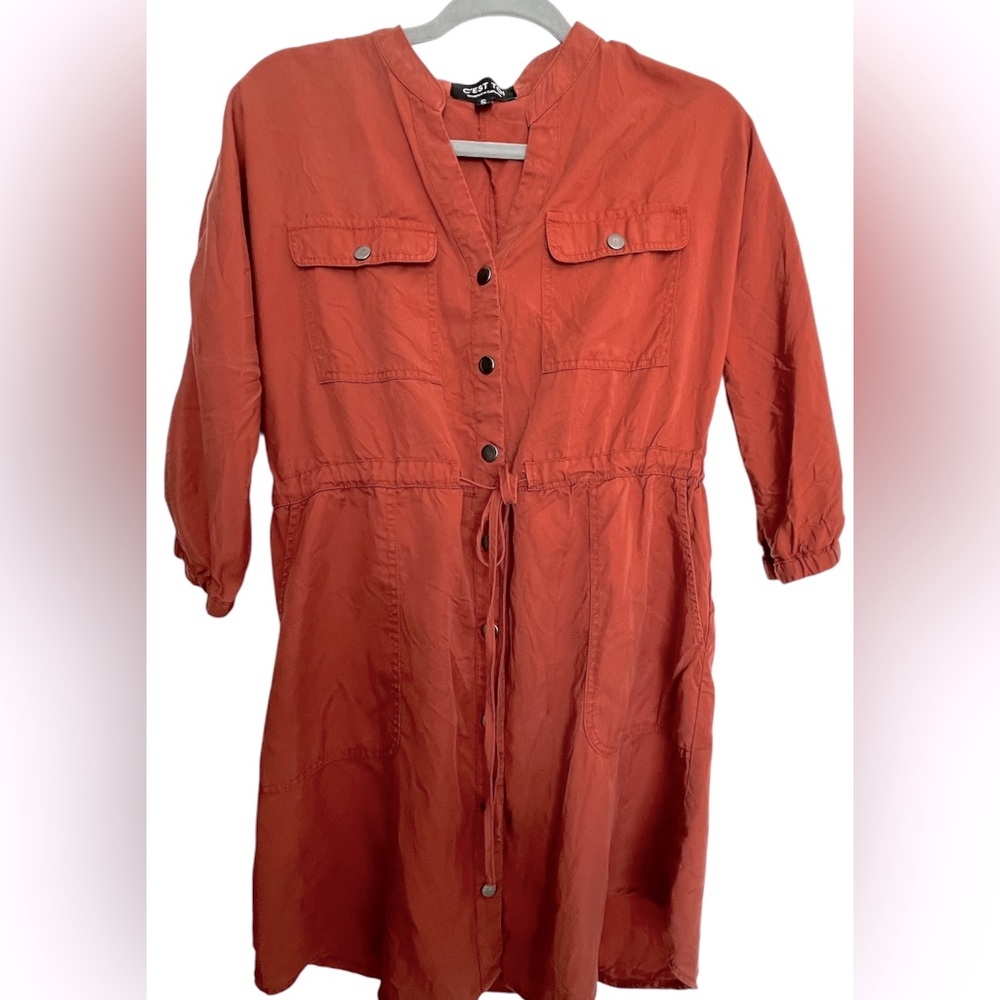 Lightweight tencel shirt dress rust orange cinched tie waist utility snap front